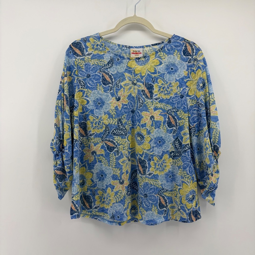 Ruby Rd Womens PL Blue Yellow Floral Top 3/4 Ruched Sleeve Scoop Neck Relaxed